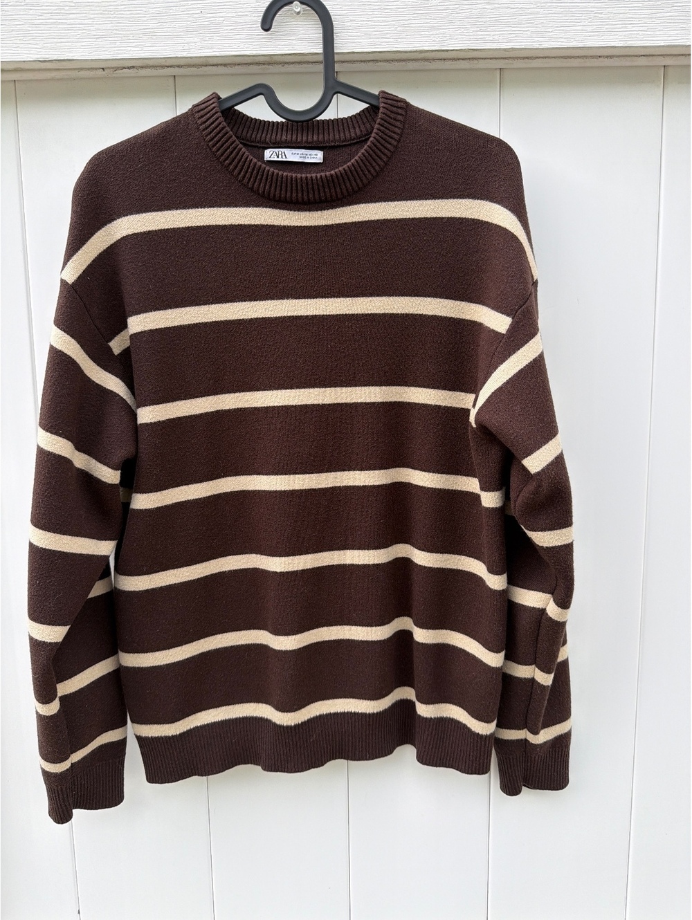 Zara Women's Brown Cream Striped Crew Neck Pullover Sweater Size M